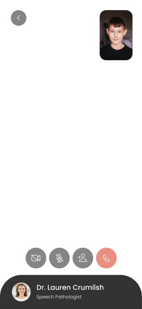 Video call interface with Dr. Lauren Crumlish, Speech Pathologist, at the bottom left. A young boy's video feed appears at the top right. Multiple call control icons are present at the bottom center.