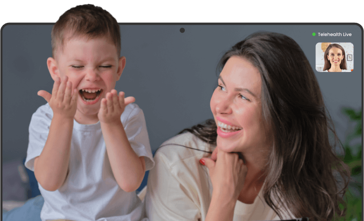 A woman and a young child smile while looking at a device screen during a telehealth video call. A small window shows a healthcare professional labeled "Telehealth Live".