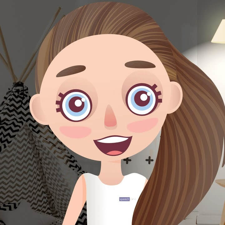 A cartoon character with large blue eyes, long brown hair swept to the side, and a white shirt, standing in a room with patterned cushions and a lit lamp in the background.